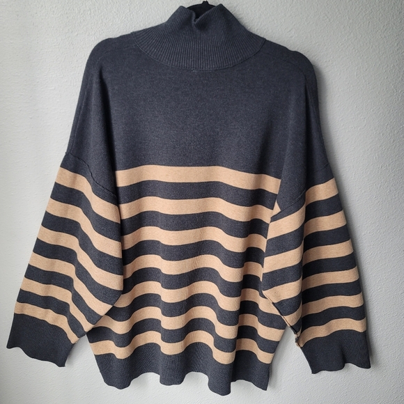Free People Coastal Stripe Half Zip Pullover, Size Large, Carbon Camel Combo - Picture 7 of 10